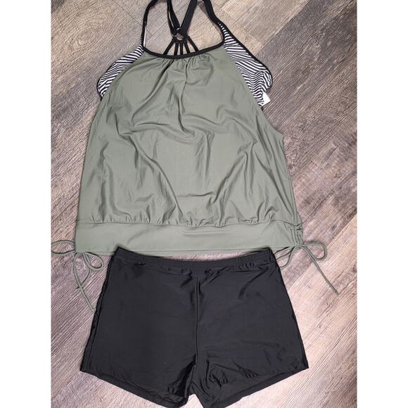 Holipick Other - Holipick Size XL Tankini Swimsuit 2 Piece Olive Green Striped Strappy Back NWT